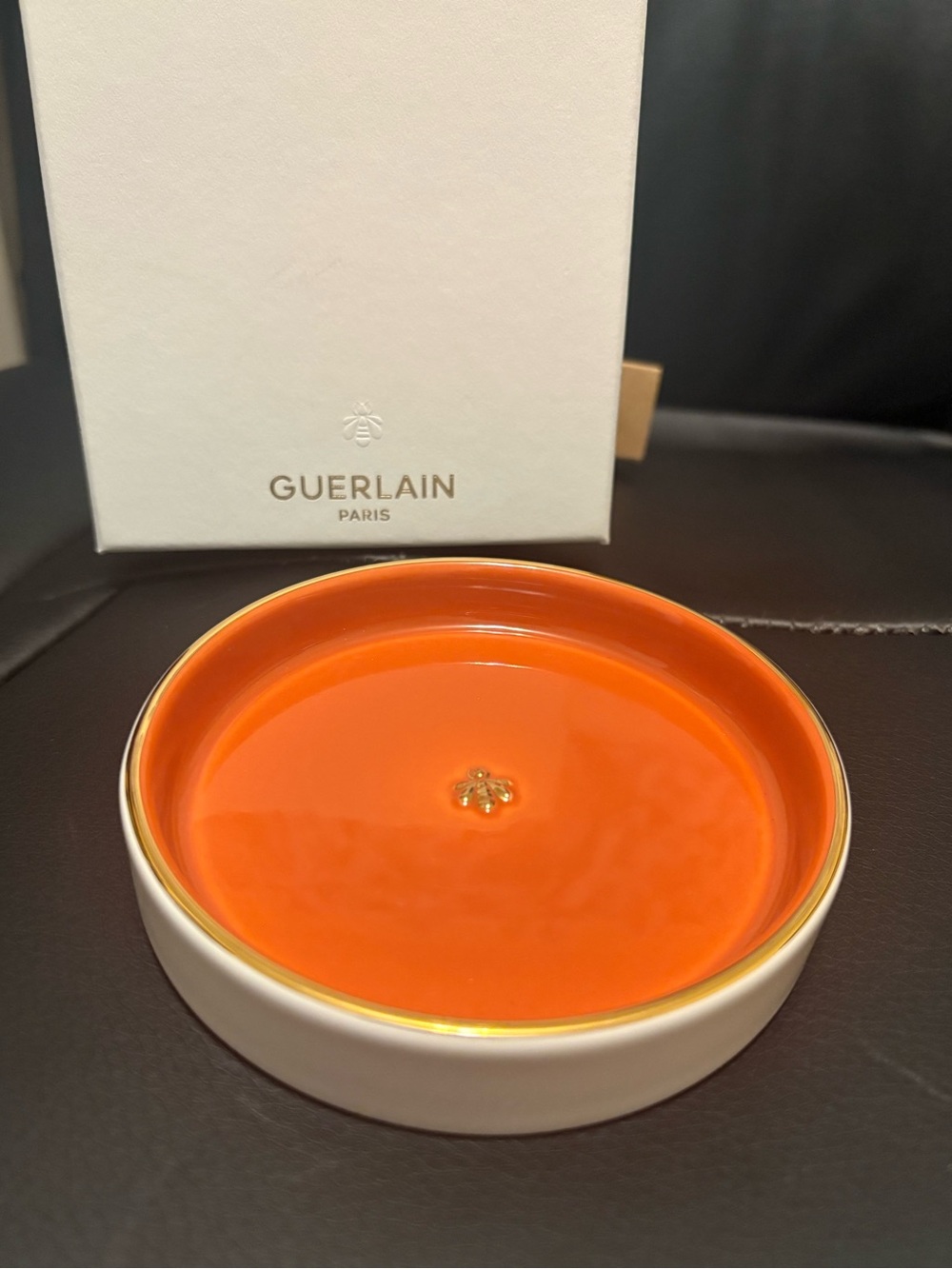GUERLAIN Orange and White Ceramic Trinket dish with Gold Bee Detail
